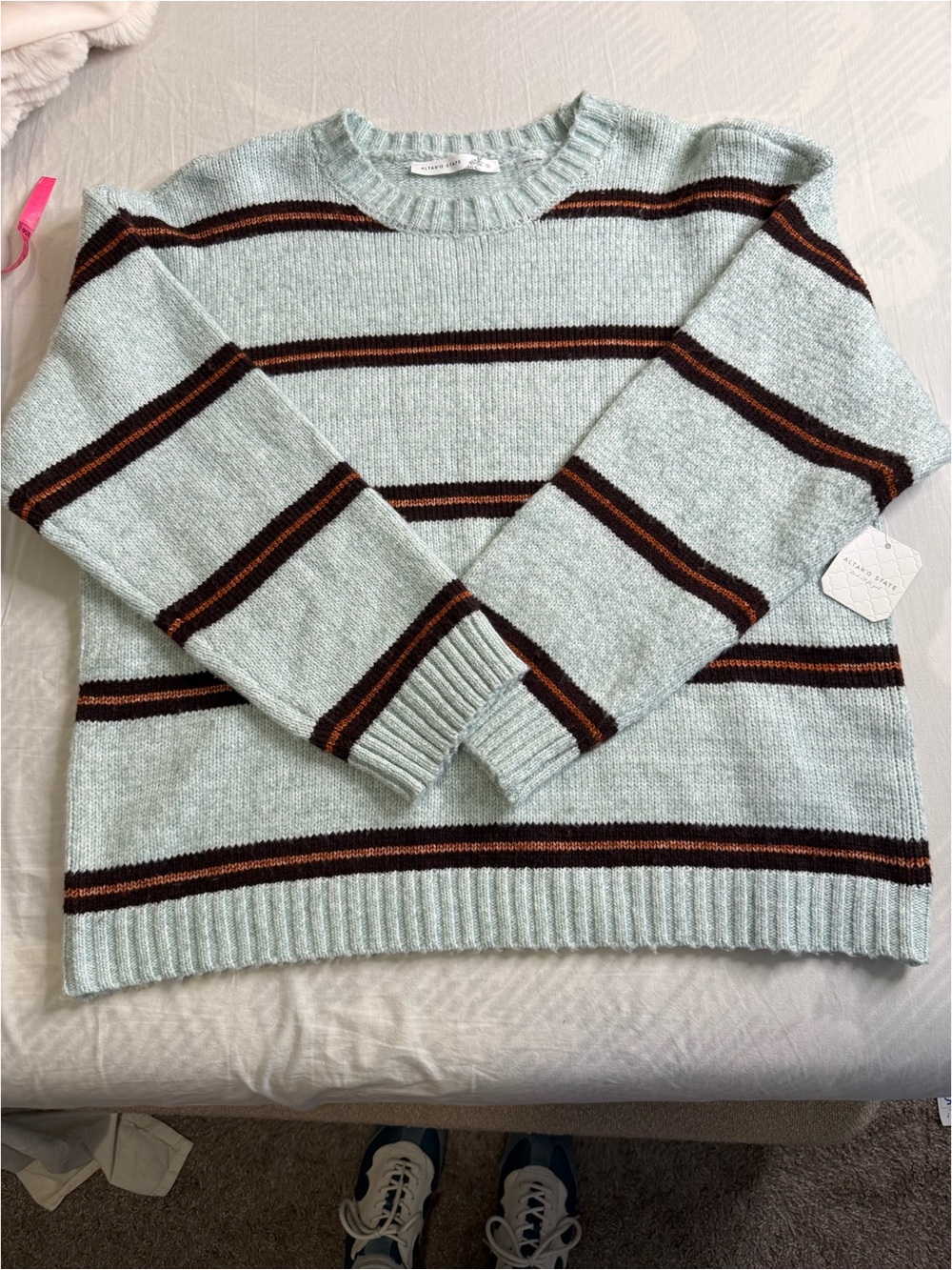 Striped Crewneck Sweater in Light Mint and Brown - Picture 2 of 5